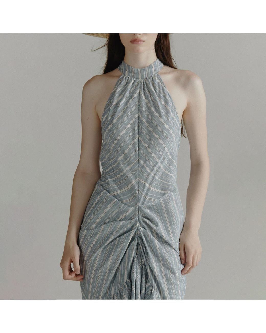 Belsize25 Blue Striped Halterneck Ruched Maxi Dress