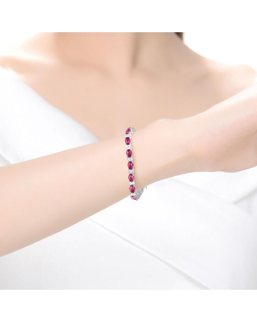 Genevive Jewelry Pink Sterling Plated With Ruby Cubic Zirconia Tennis Bracelet
