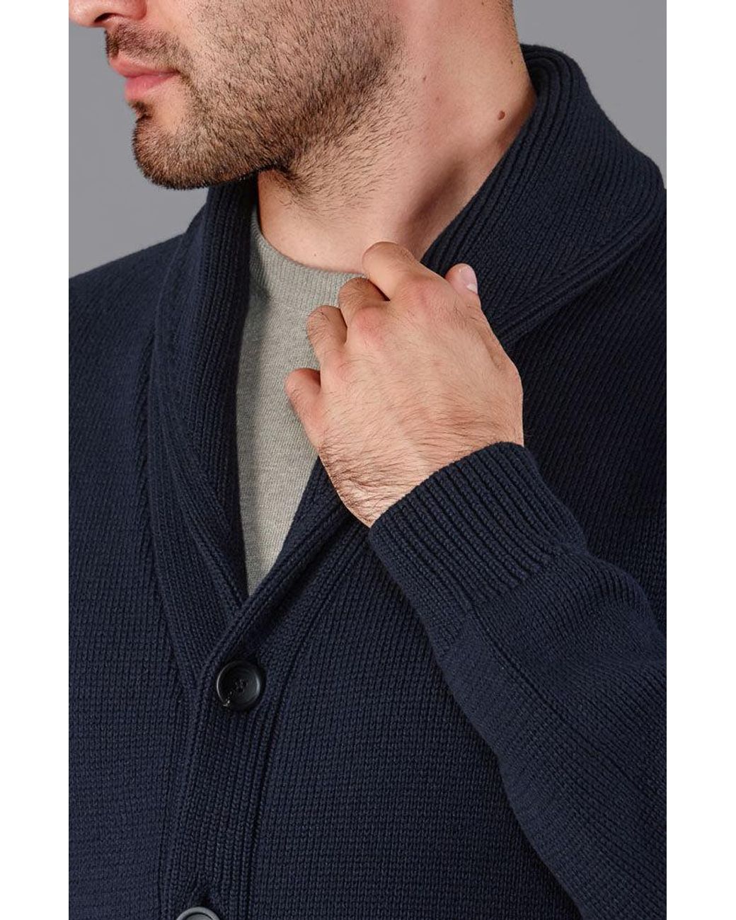 Paul James Knitwear Blue Midweight Cotton Shawl Collar Sebastian Cardigan for men