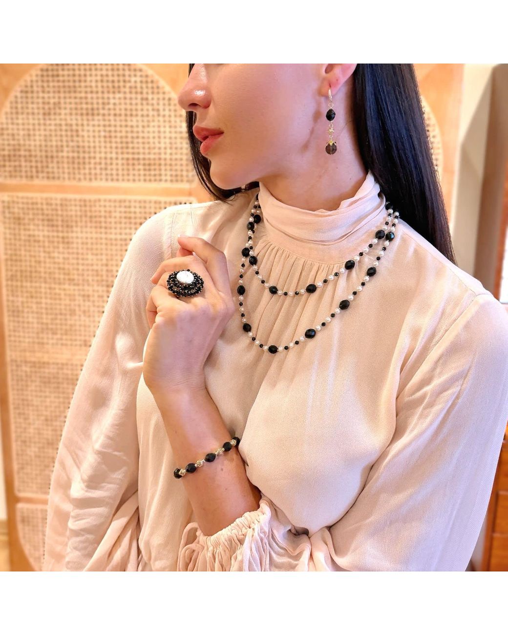 Farra Black Romantic Style Oval Obsidian Adjustable Bracelet
