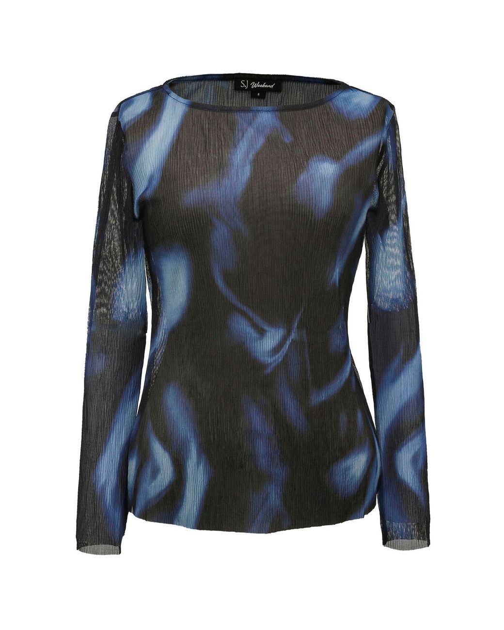 Smart and Joy Blue Abstract Print Mesh Long Sleeves Top