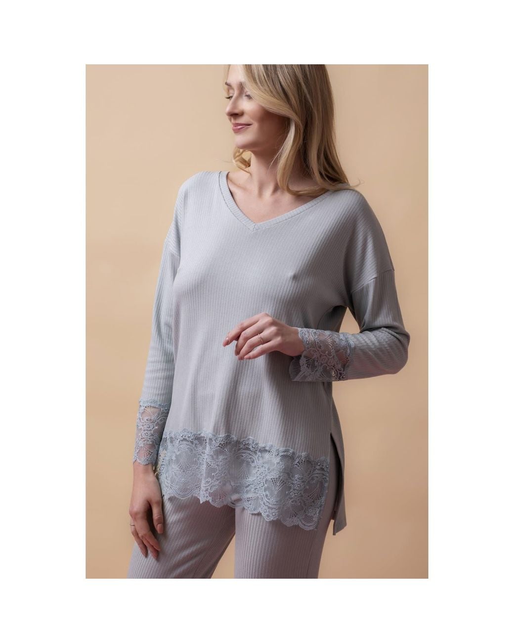 Oh!Zuza Gray Santal Lace Trim Long Pyjama Set – Mint