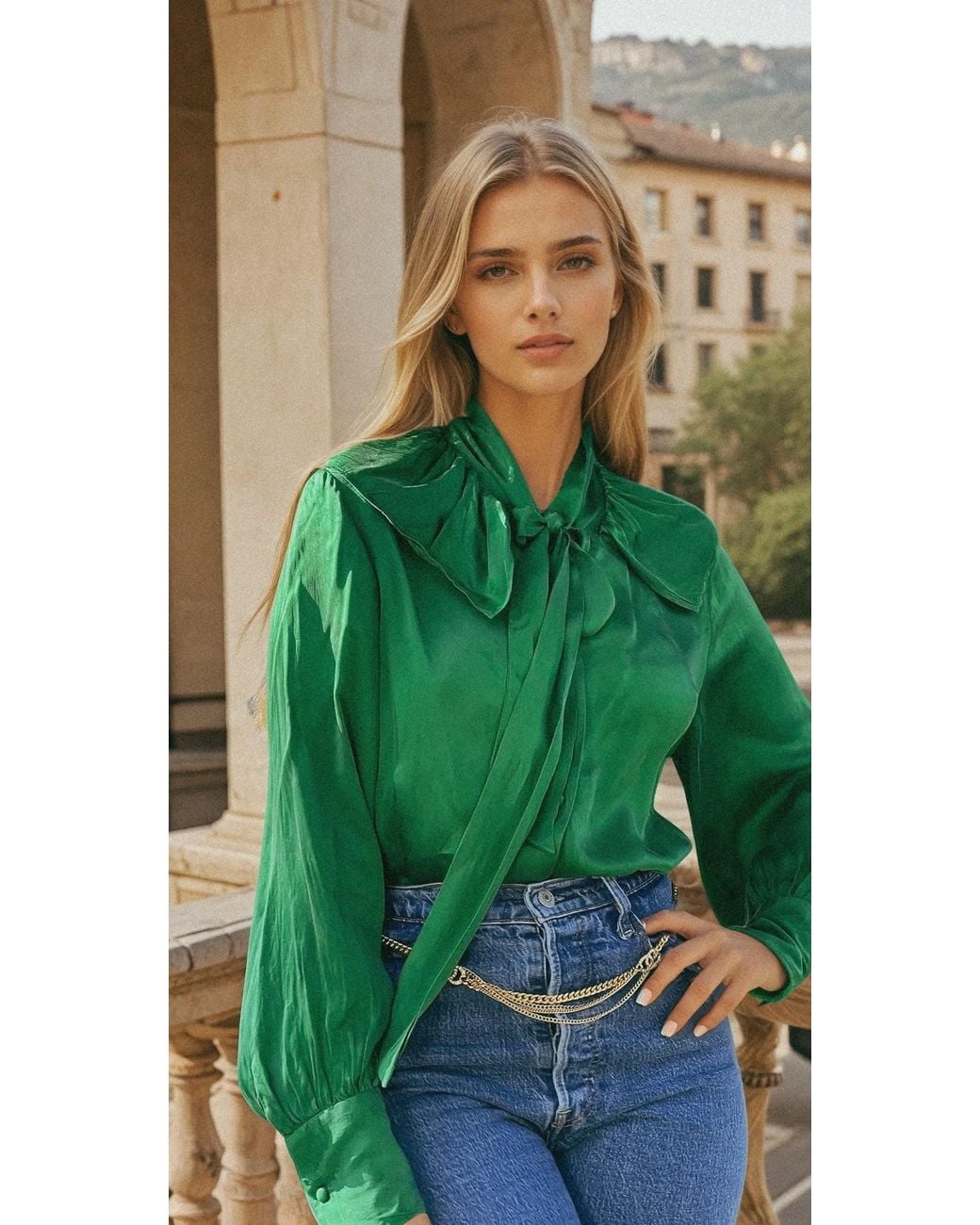 Carolina Benoit Green For Rose Vegan Silk Pussy Bow Top