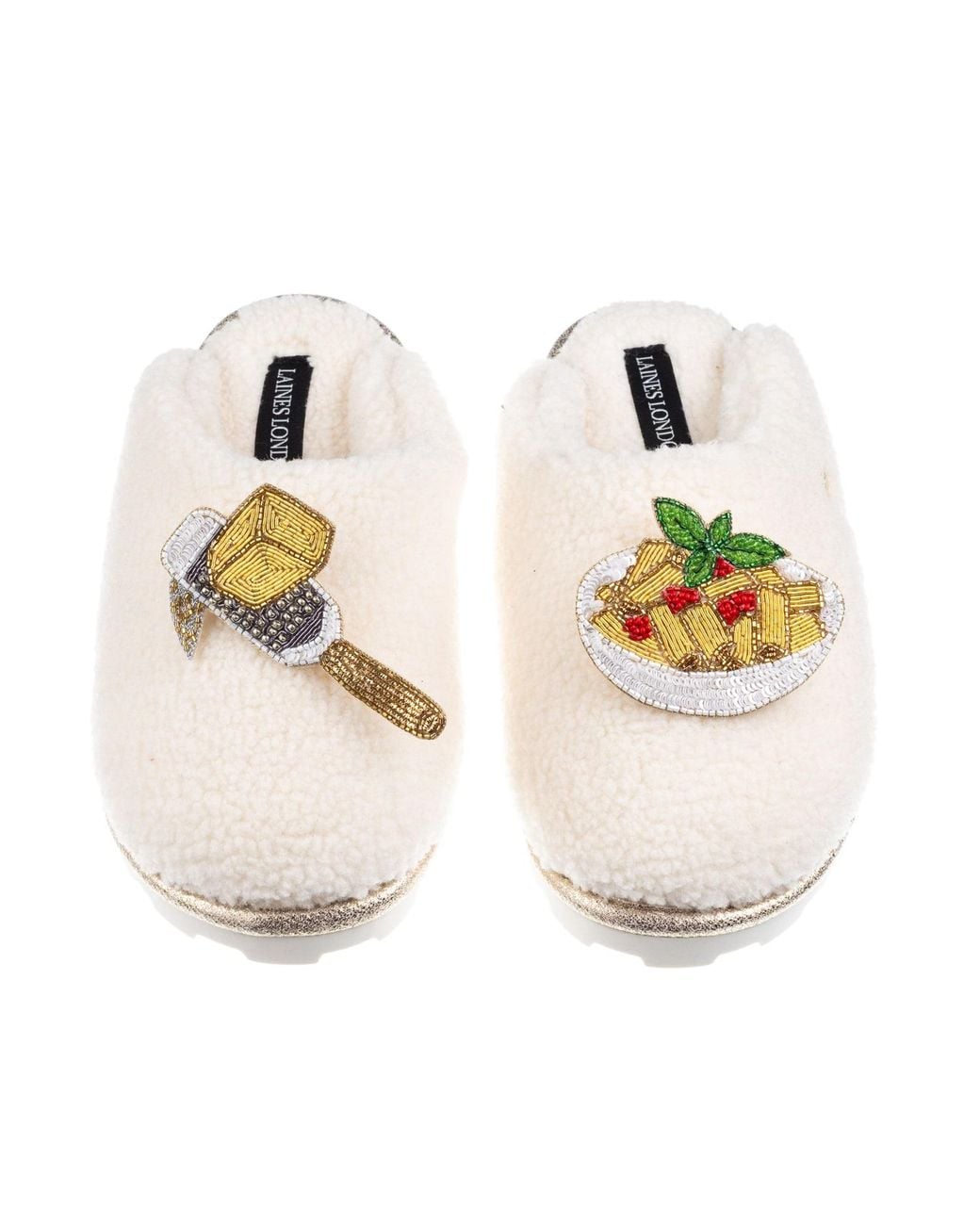 Laines London White Neutrals Laines X Juliet Closed Toe Slippers With Parmesan & Pasta Brooches