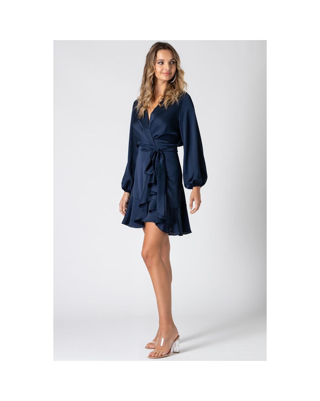 Urban Touch Blue Long Sleeve Wrap Front Dress