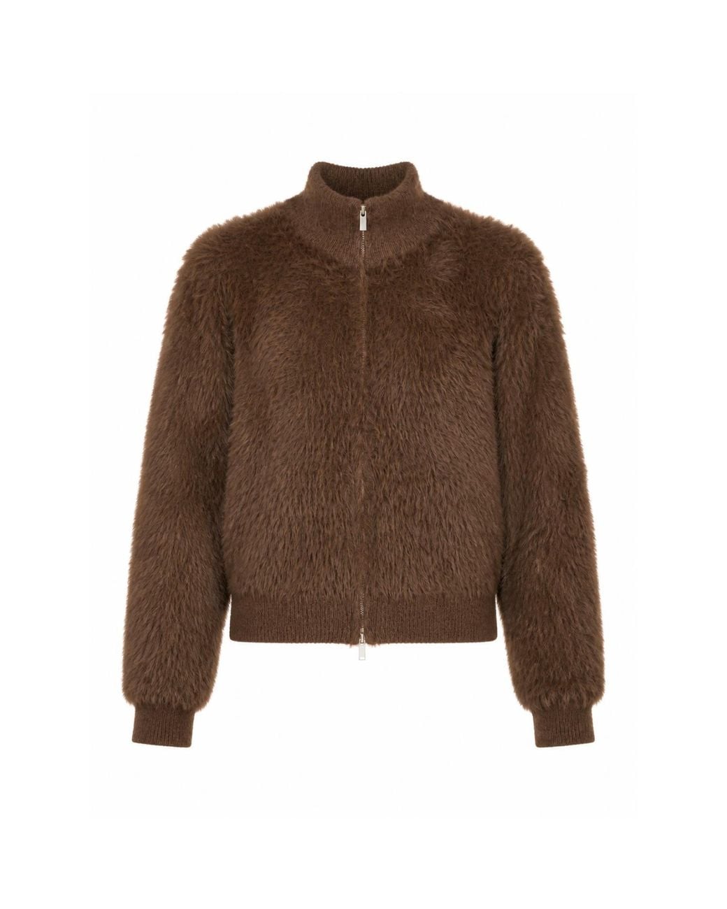 Yumi' Brown Eyelash Zip Knitted Jacket