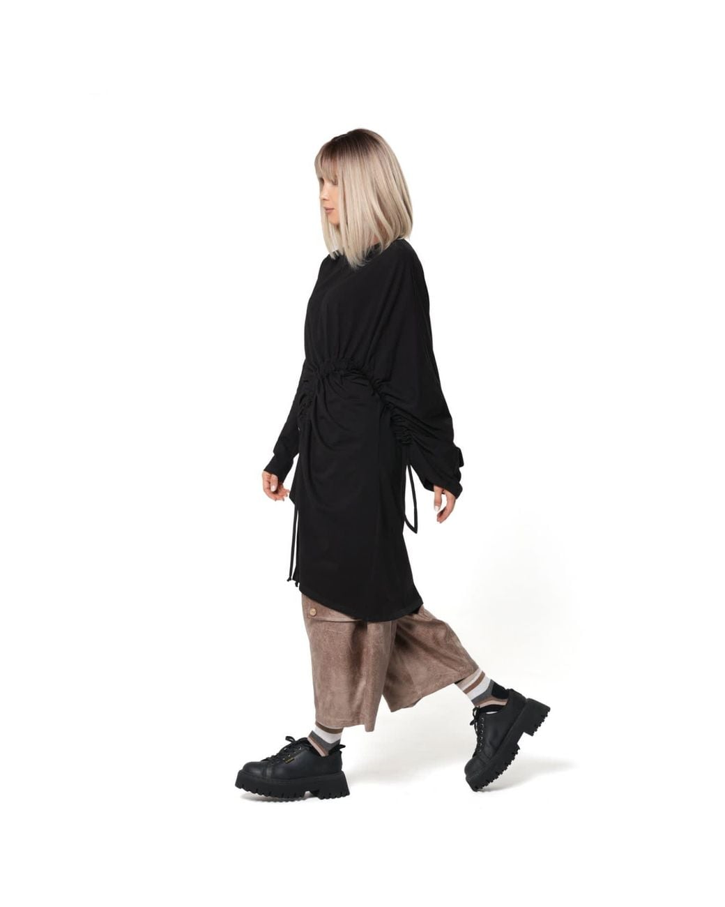 Metamorph Black Neutrals Asymmetric Cotton Tunic With Adjustable Drawstring Details