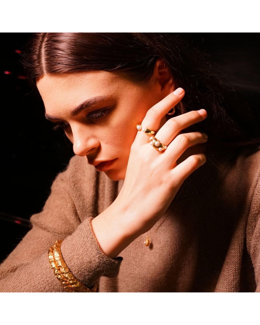 LINYA JEWELLERY Metallic Horn Pearl Ring