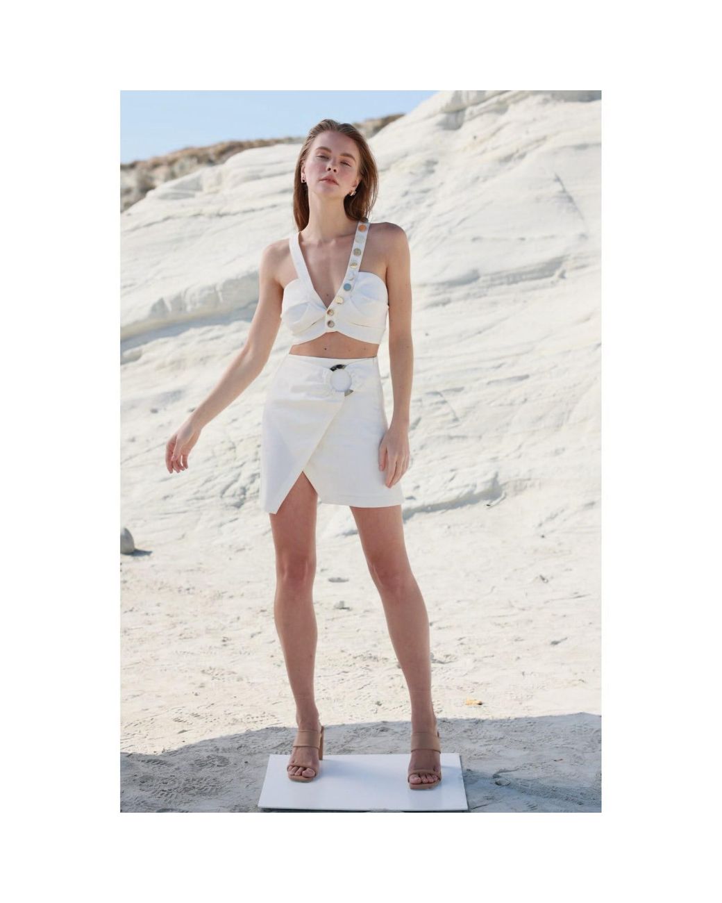 Women & Women White Neutrals Button Detailed, Ecru Short Top