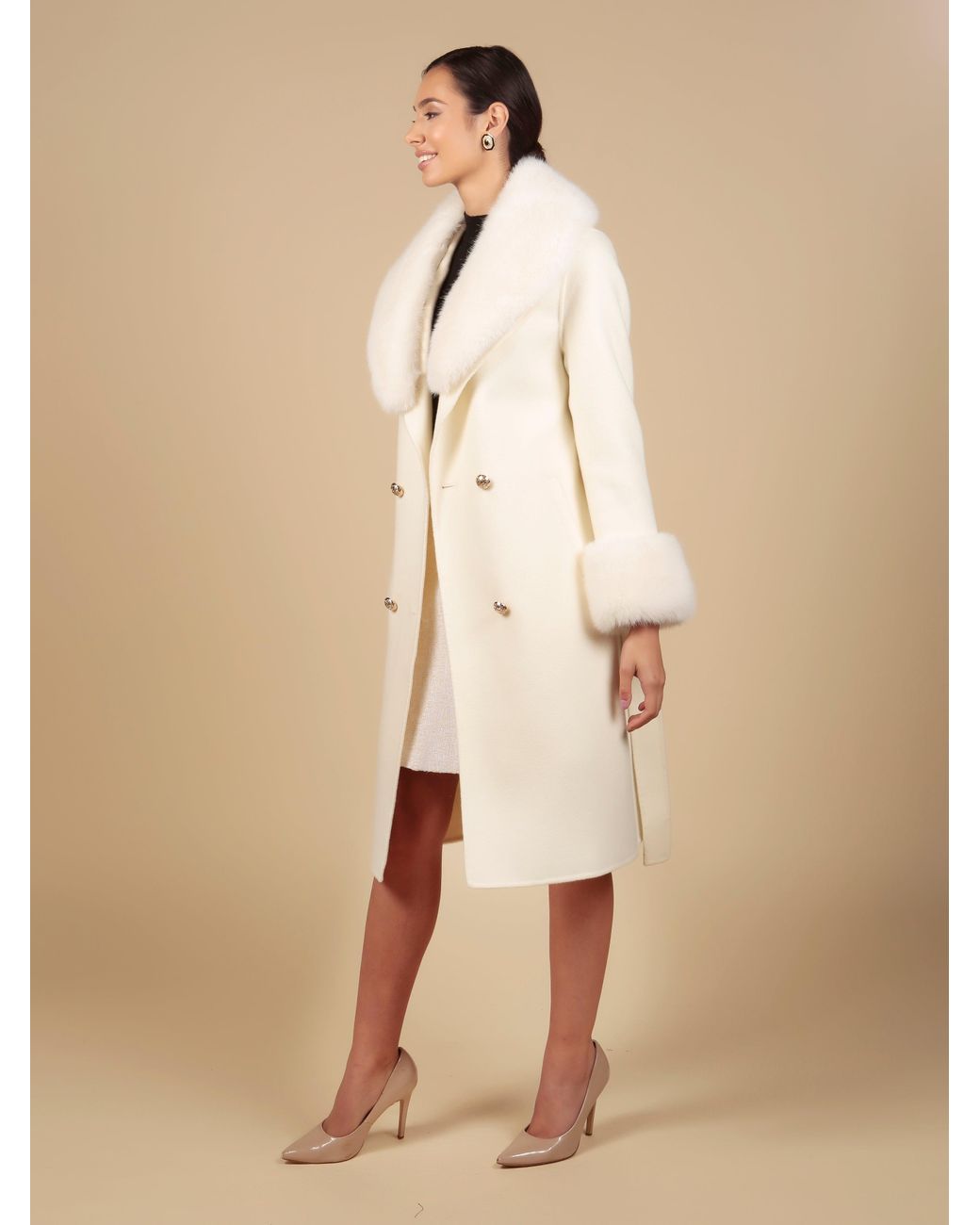 Santinni Natural Marlene Cashmere & Wool Coat With Faux Fur