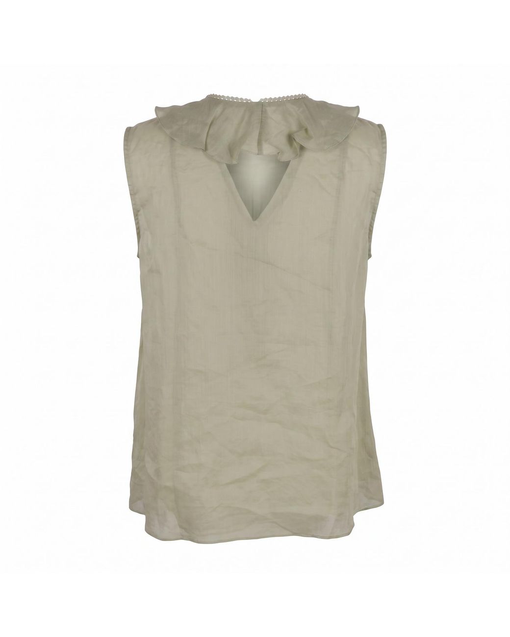 Modenaire Green Sleeveless Ruffle Front Blouse With Lace Inset Trim And V Neckline