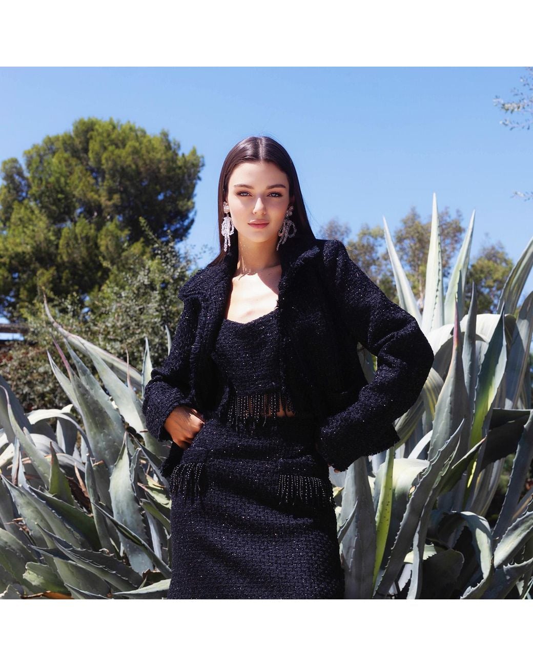 Solgo Atelier Black Tia Crop Shimmering Tweed Bouclé Jacket With Beaded Fringe Details