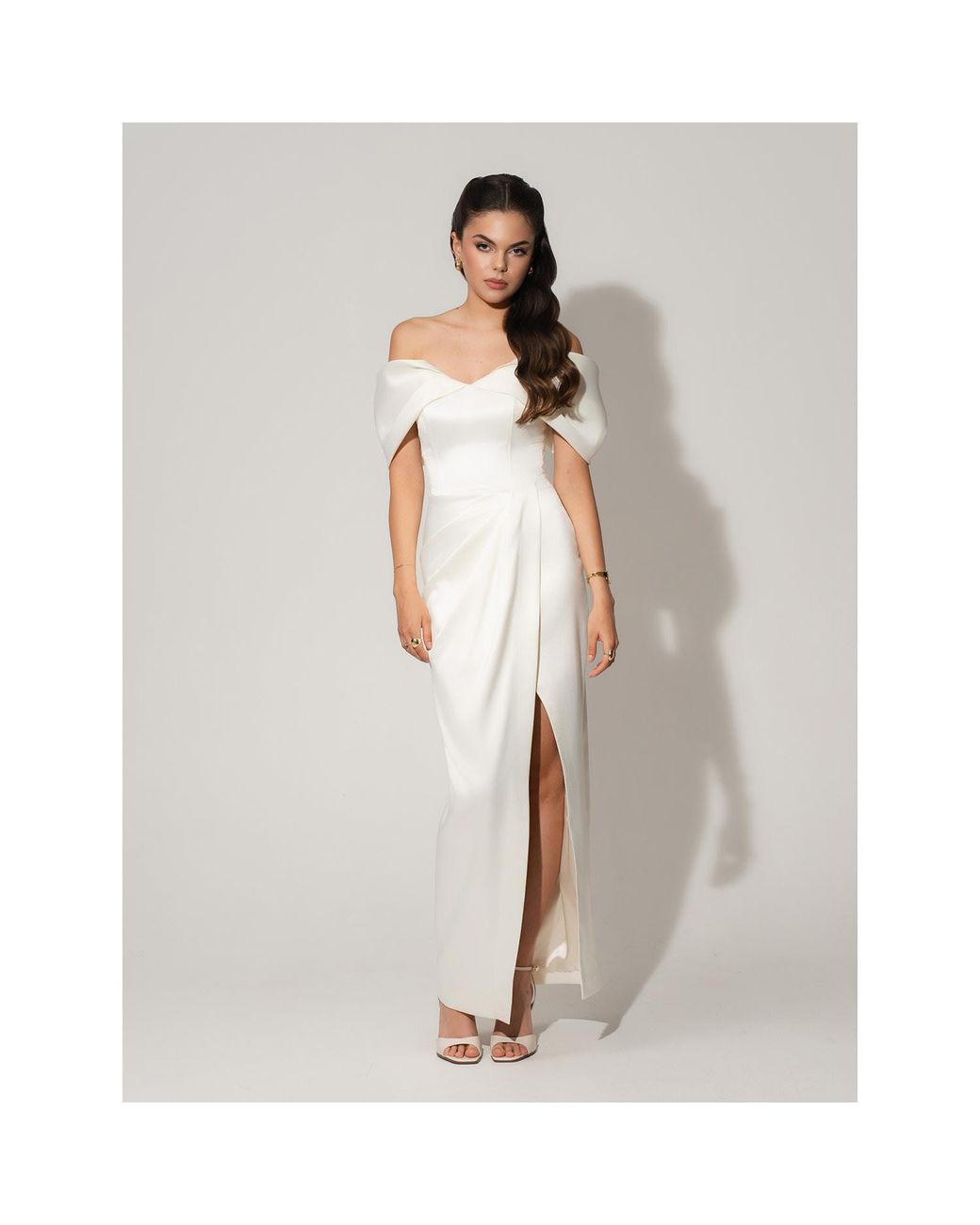 Tia Dorraine White Heavenly Kissed Draped Satin Maxi Dress
