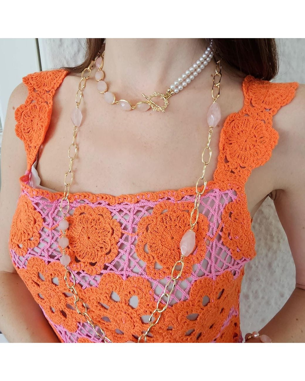 Farra Metallic Nugget Rose Quartz With Chain Long Necklace