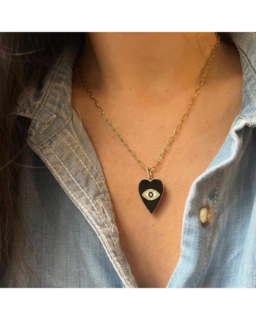 KAMARIA Metallic Enamel Heart & Evil Eye Necklace With Diamonds