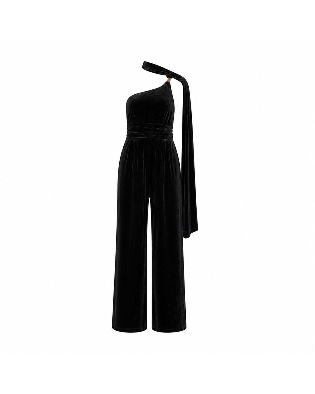Yumi' Black Velvet One Shoulder Jumpsuit With Scarf