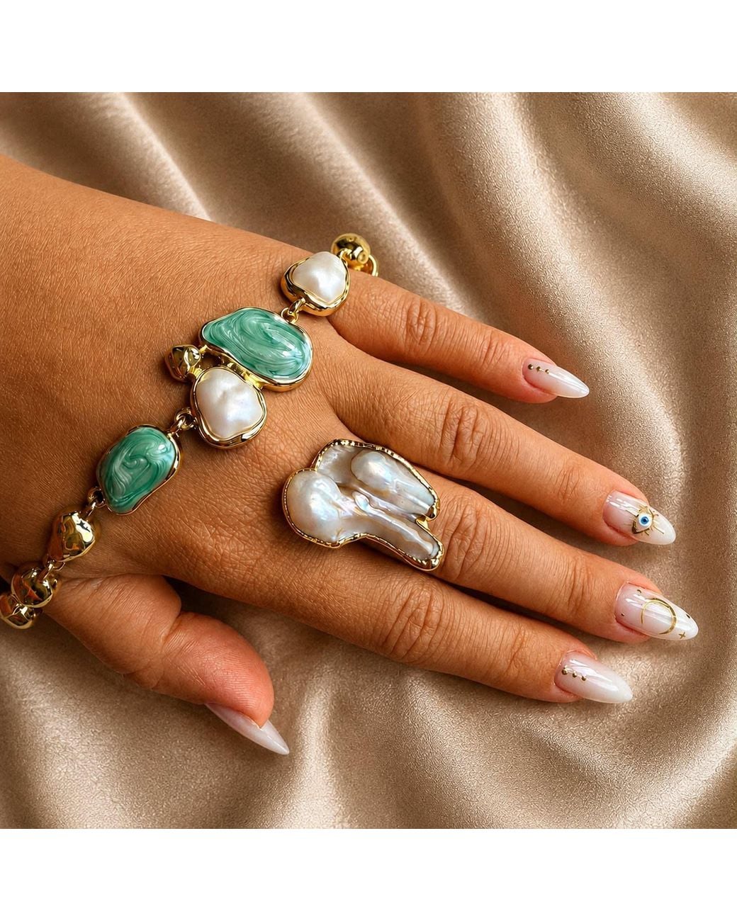 By Ozge Metallic Sea Whisper Mother Of Pearl & Enamel Plated Bracelet
