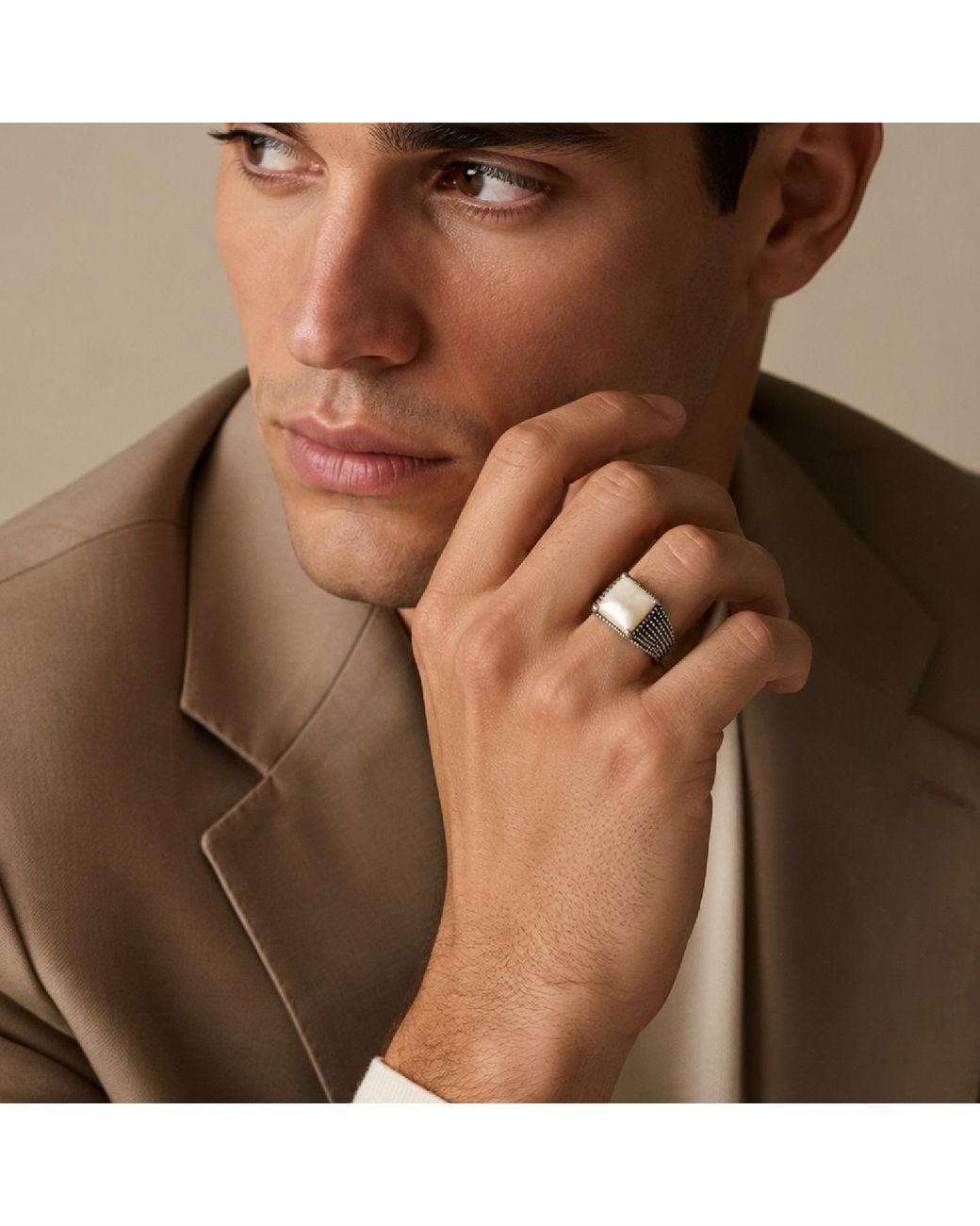Unaloe White Adjustable Square Ring Sterling With Mother Of Pearl for men