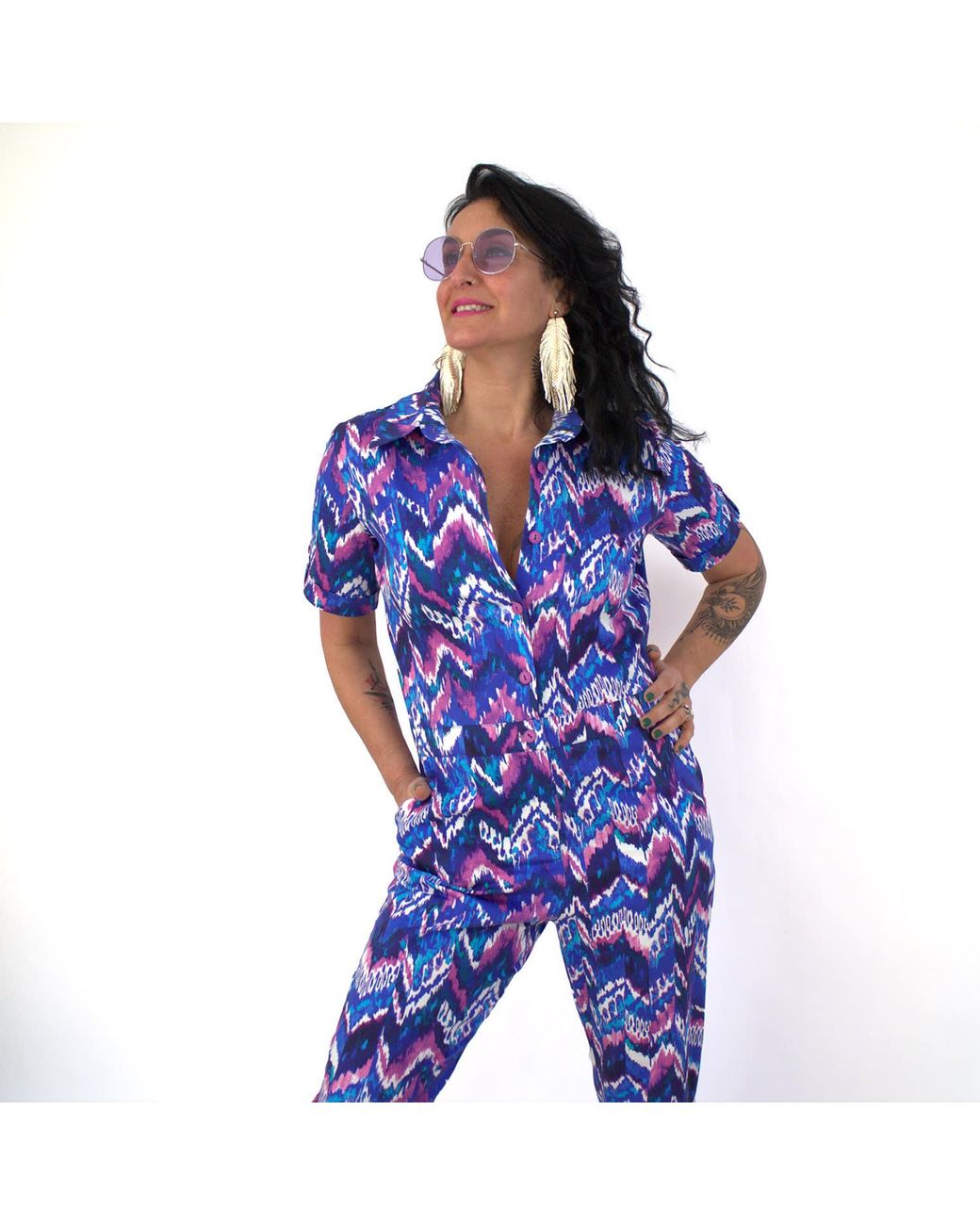 Lalipop Design Blue Electric Ocean Cotton Jumpsuit With Colorful Zigzag Print