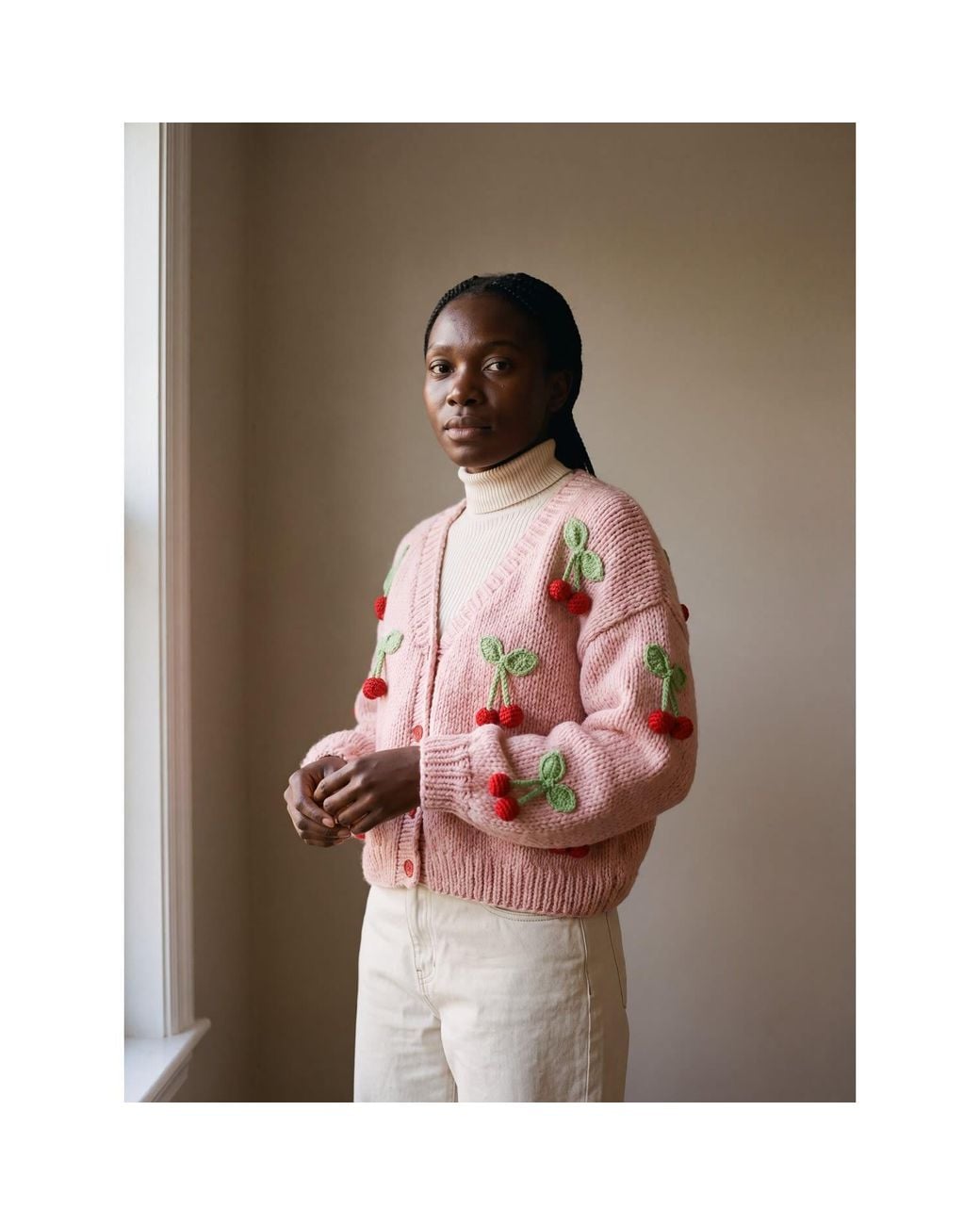Ana Chic Pink Cherry Motif Handmade Knitted Cardigan