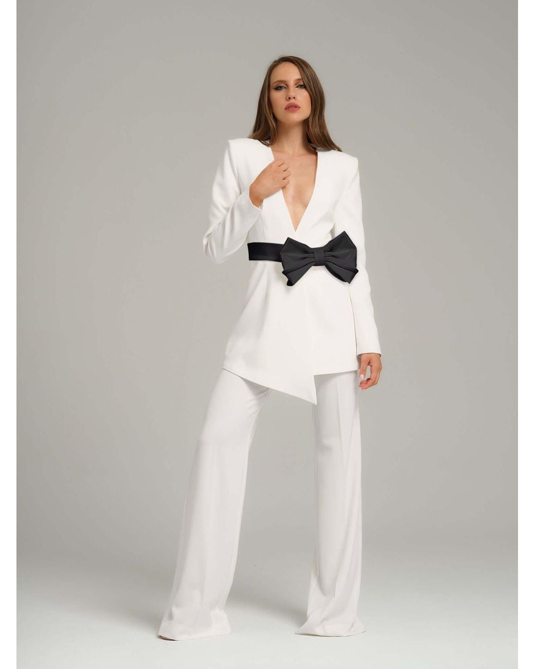 Tia Dorraine White Rare Pearl Power Suit With Detachable Bow Belt