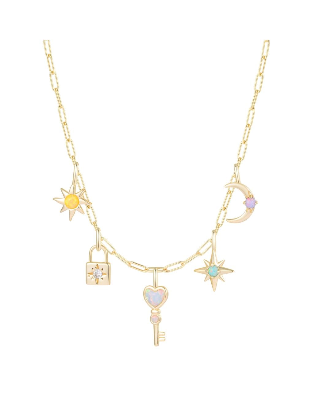 KAMARIA Metallic Lock & Key Celestial Charm Necklace With Opals On Paperclip Chain
