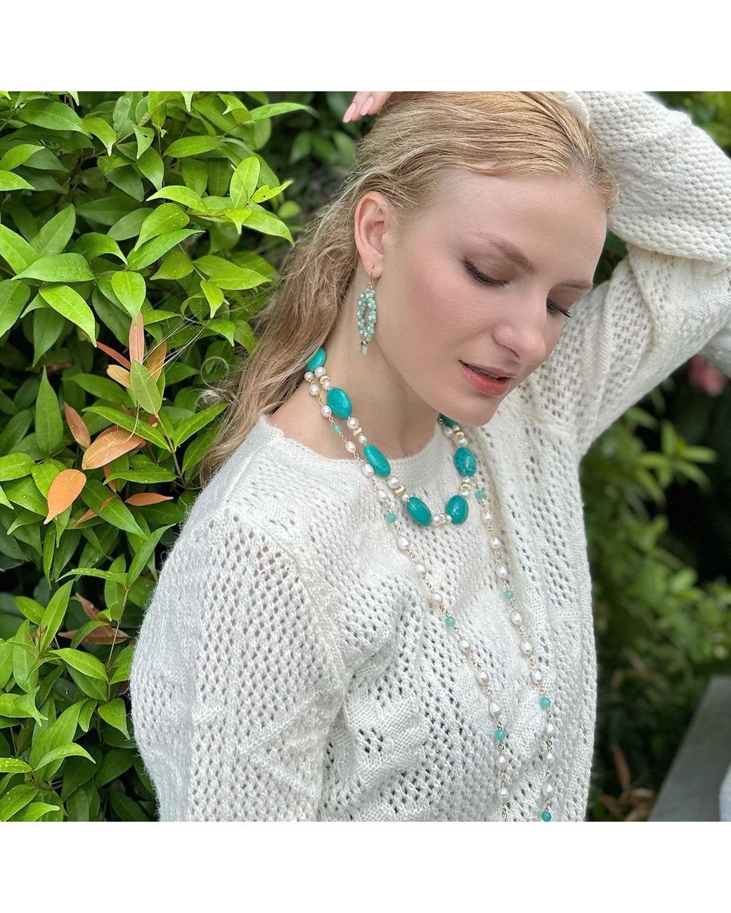 Farra Metallic Freshwater Pearls With Amazonite Long Necklace