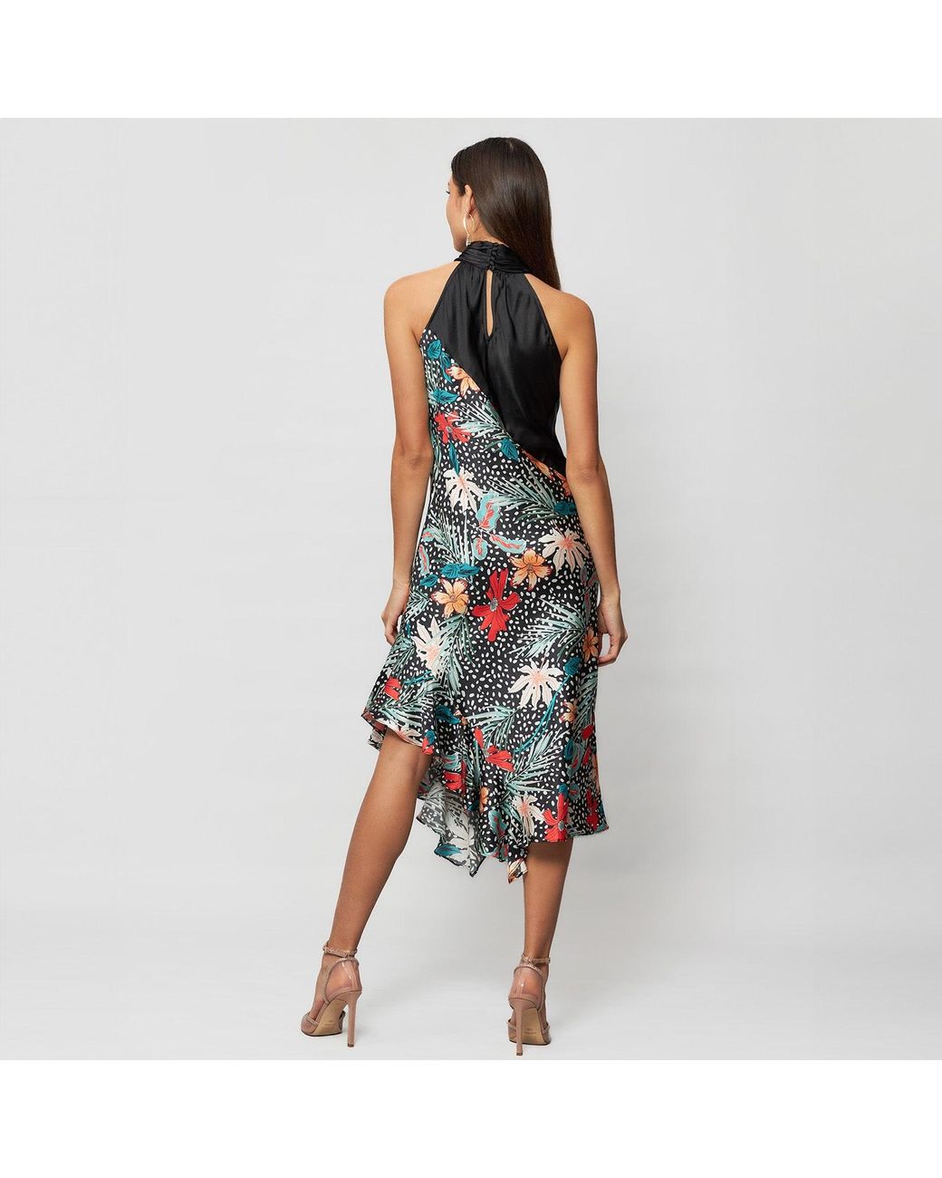 Solgo Atelier Blue Yera Sleevless Floral Printed Silk Midi Dress With Contrasting Gathered Mock Neck And Stylized Side Ruffle Slit
