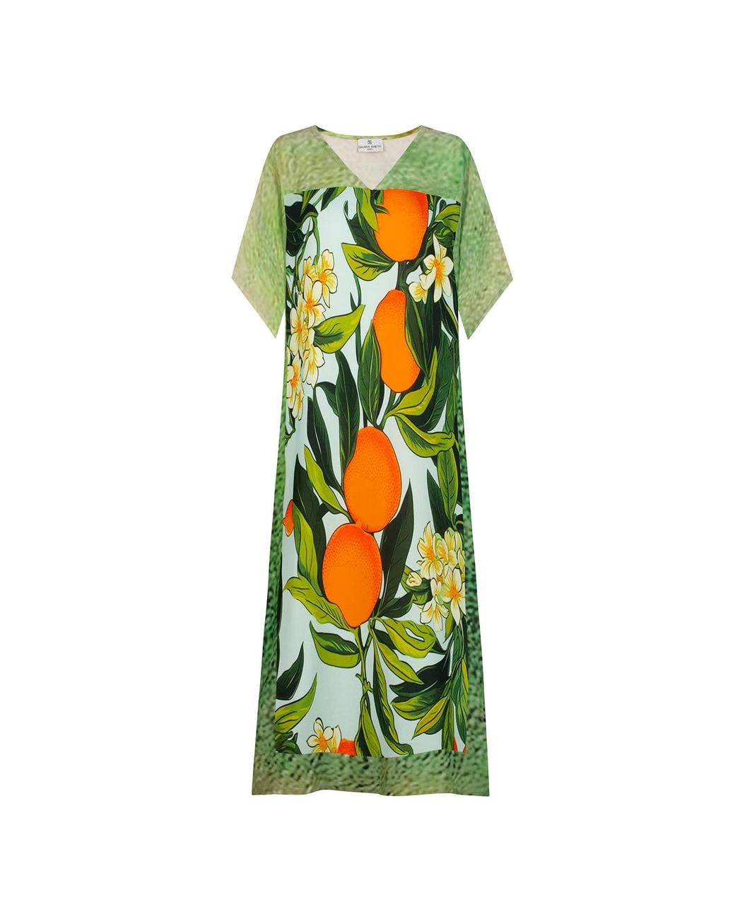 DHARA SHETH DUBAI Green Fleur & Fruit Vintage Printed Kaftan Maxi Dress