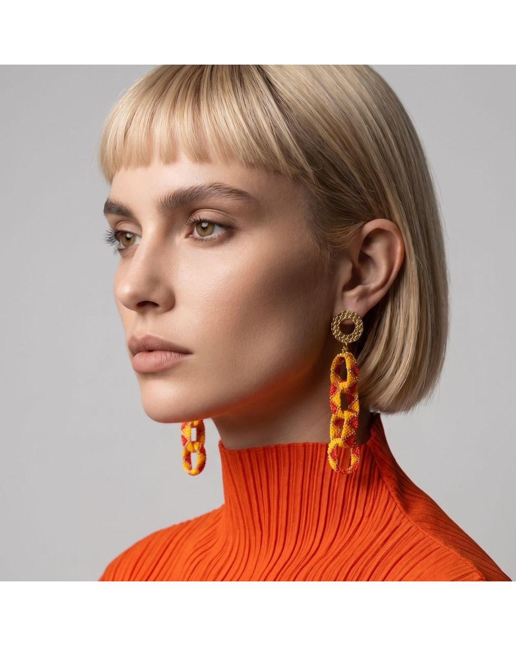 Iliana Arrazola Orange Bold Chunky Link, Dangle Earrings, And, Glass Beads, Beaded Jewelry