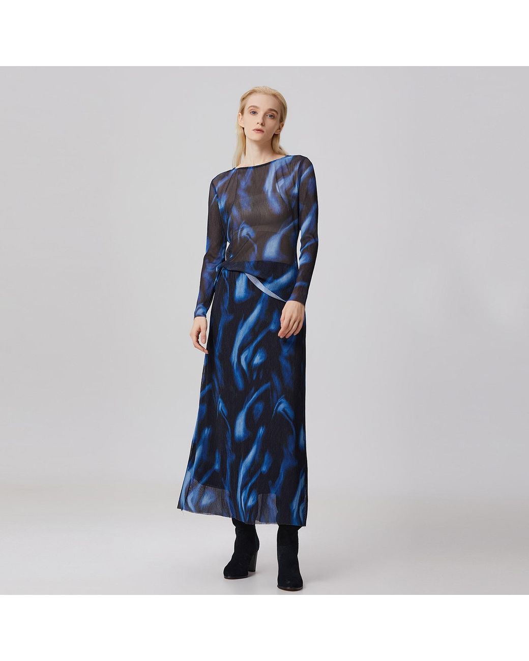 Smart and Joy Blue Abstract Print Mesh Long Sleeves Top