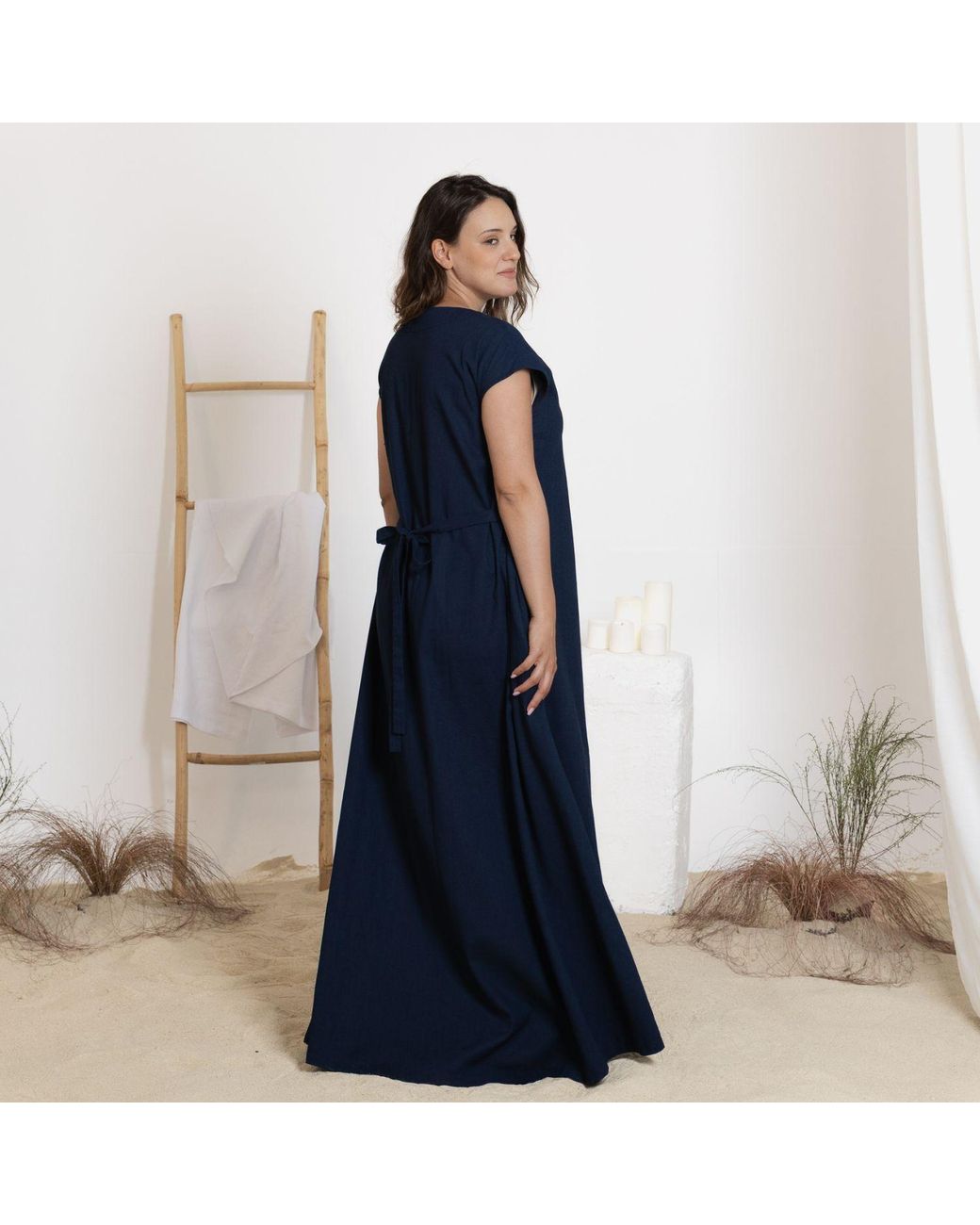 Nikka Place Blue Linen Maternity Maxi Dress With Back Tie And Pockets