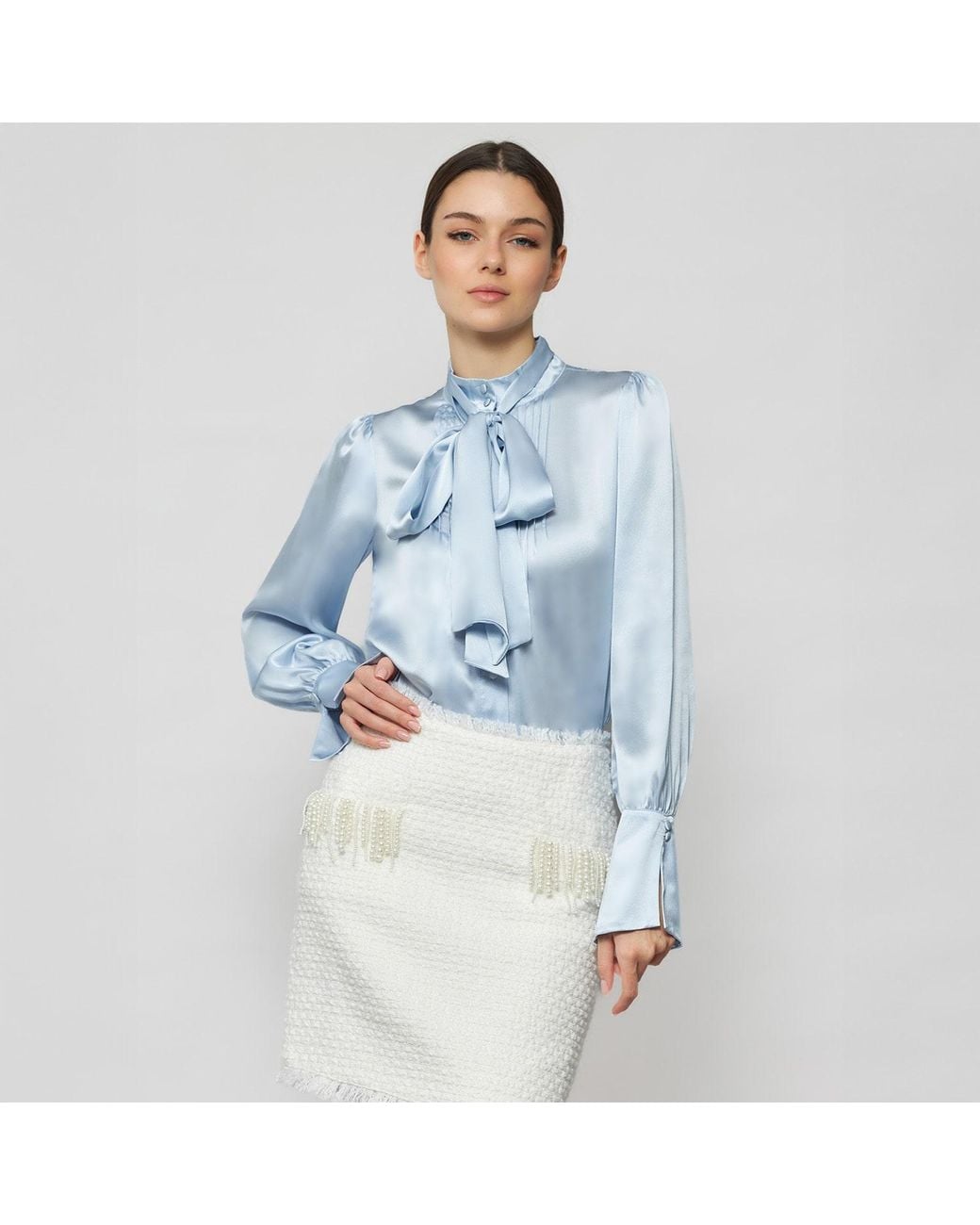Solgo Atelier Blue Phaius Bow Tie Silk Charmeuse Blouse