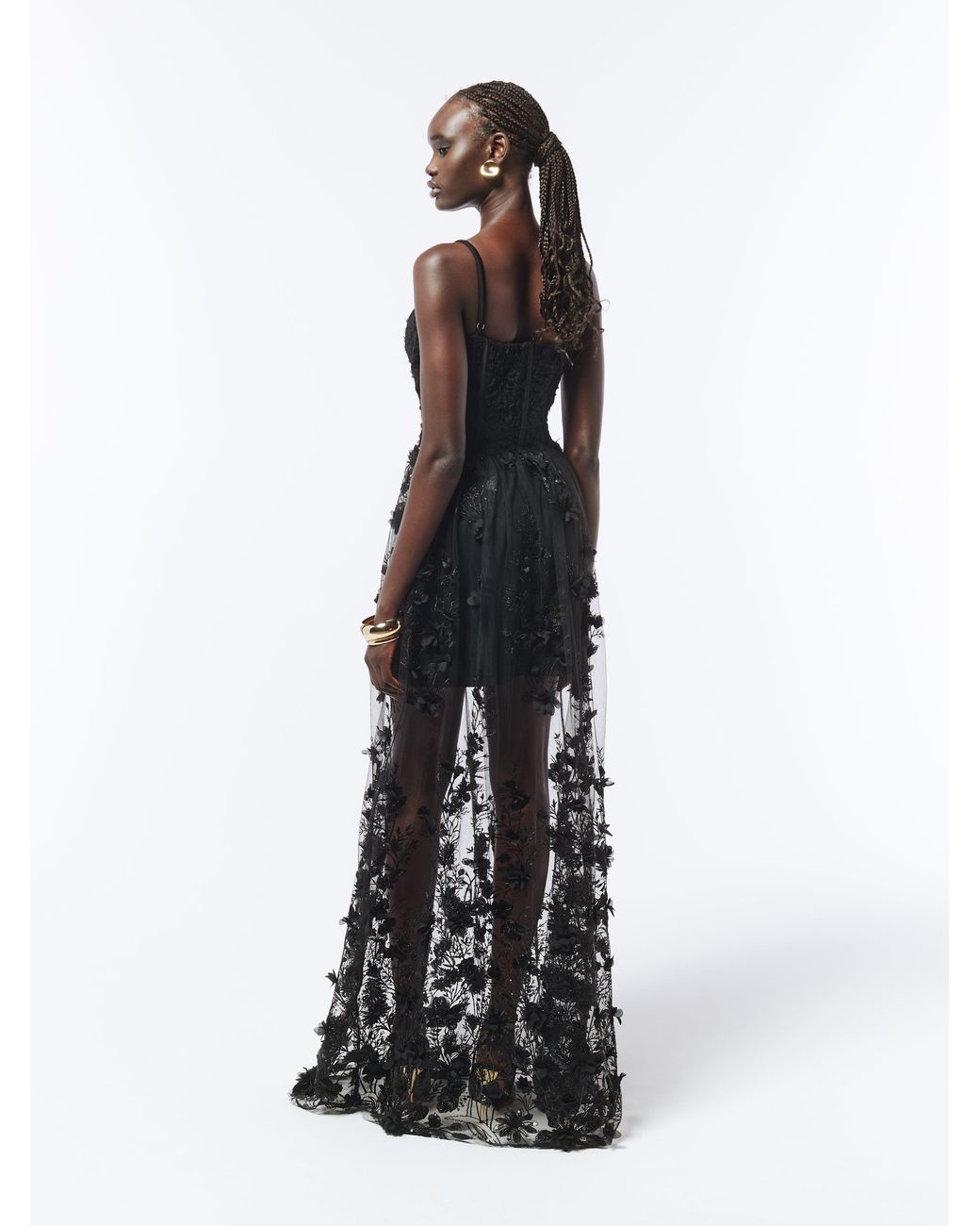 Sour Figs Black Floral Appliqué Embroidered Sequin Sheer Gown