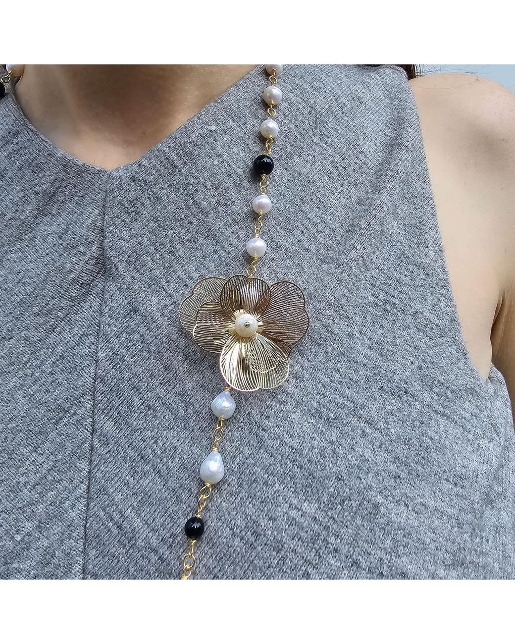 Farra White Freshwater Pearls And Obsidian With Flower Charm Long Necklace