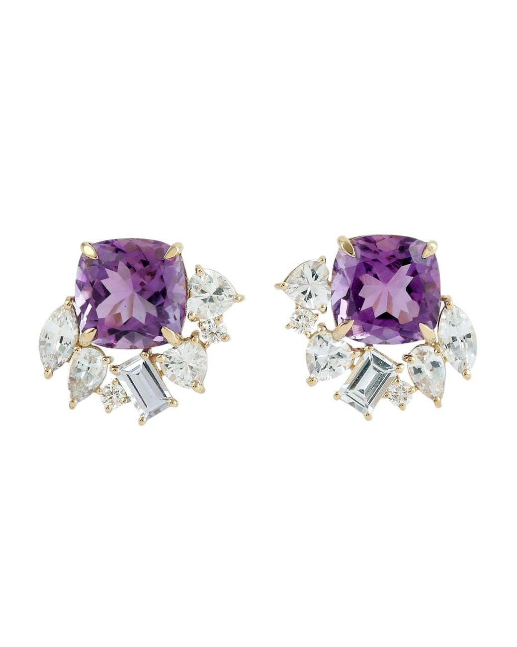 Artisan Purple 18K Amethyst, Sapphire & Diamond Cluster Stud Earrings