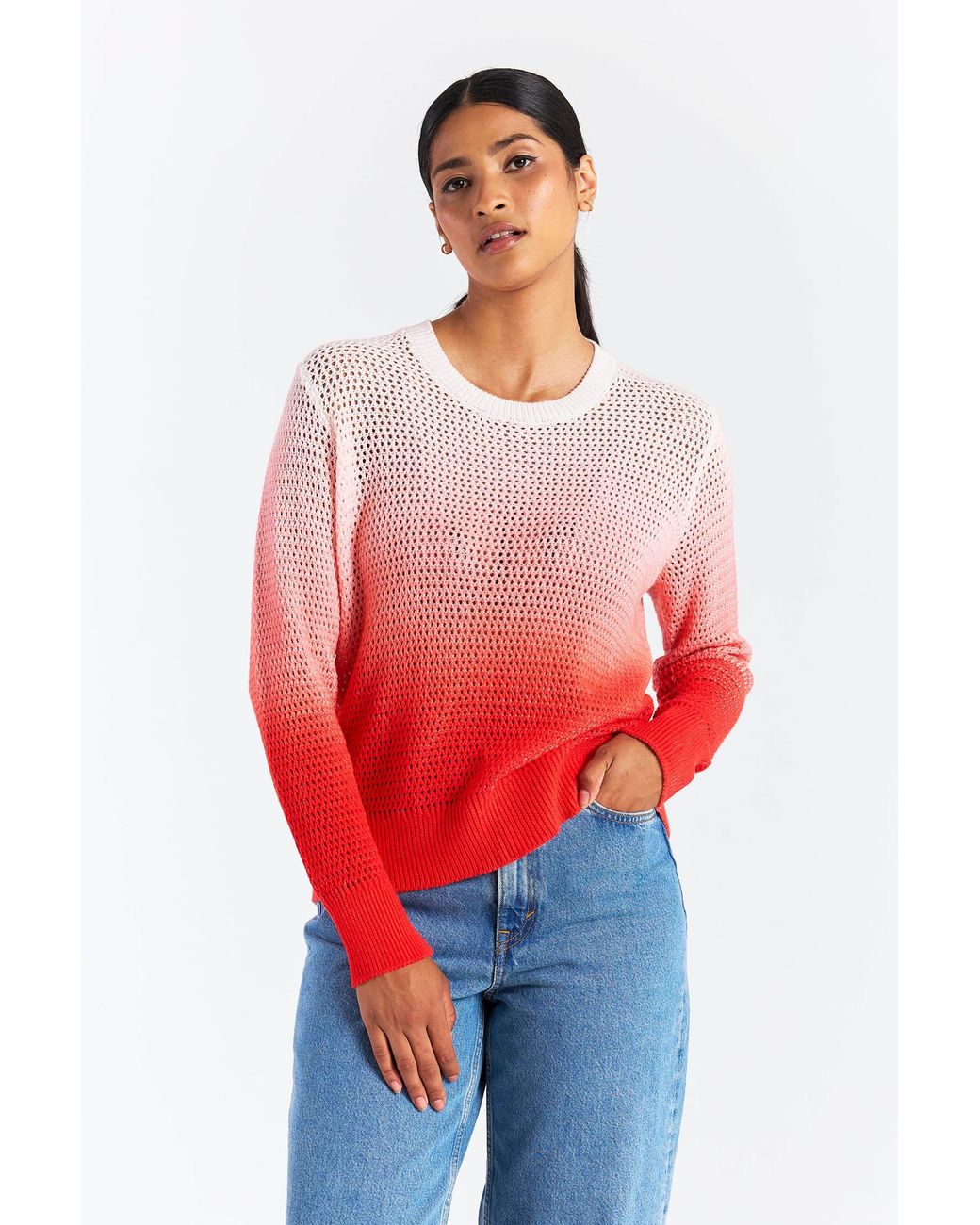 Brodie Cashmere Red Mesh Dip Dye Crew