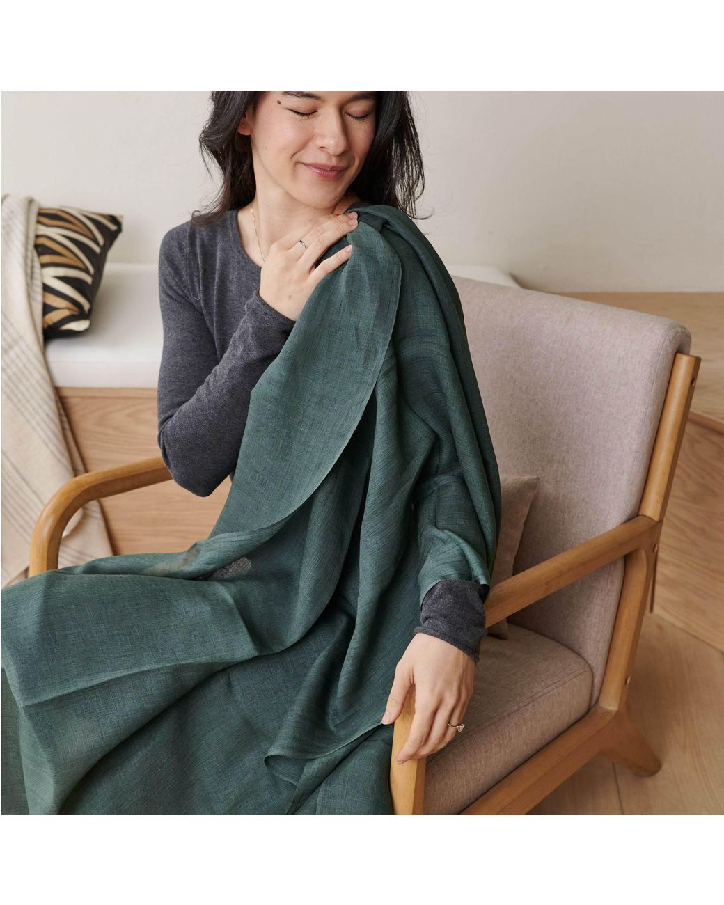 Variously Green Moss Dark Soft Linen Silk Handwoven Artisanal Scarf