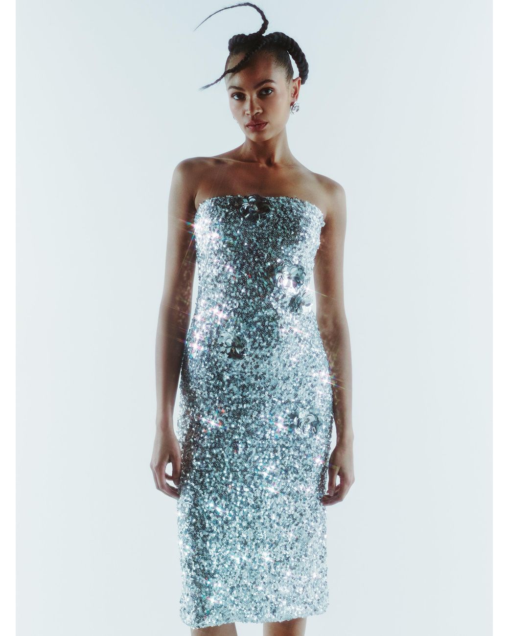 Sour Figs Gray Floral Embellished Sequin Dress
