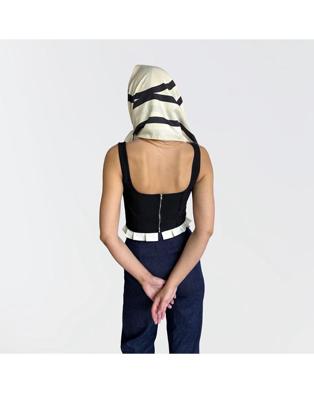 London Atelier Byproduct Black Rib Knit Corset Top With Ruffle