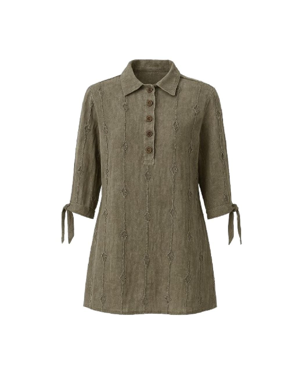 Conquista Green Textured Tunic Shirt With Tie Sleeves