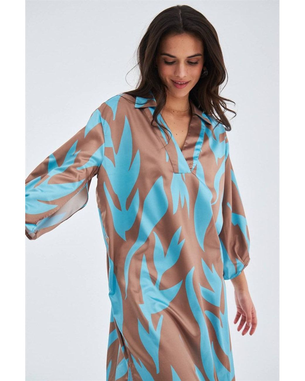 Peraluna Blue Kalinda Loose Fit Seasonal Satin Below-Knee Dress