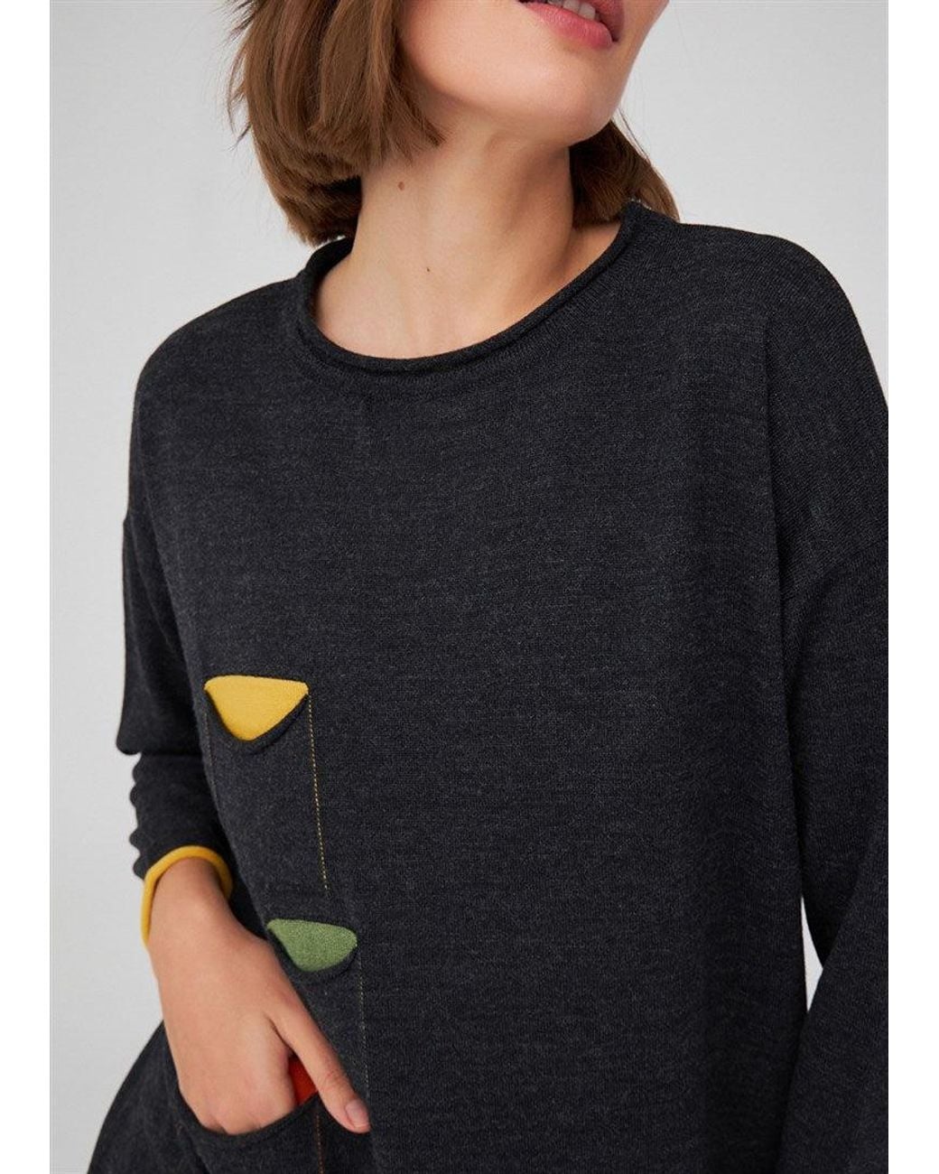 Peraluna Blue O-Neck 3/4 Sleeve Tri-Pocket Knitwear Pullover