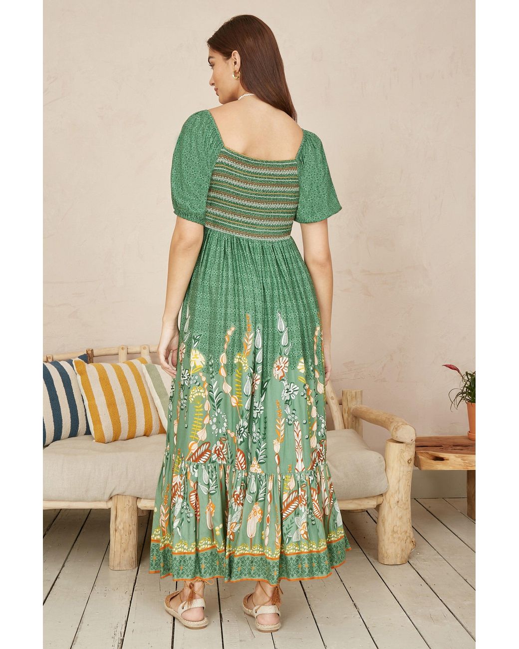 Yumi' Green Ruched Leaf Print Maxi Dress With Puff Sleeves