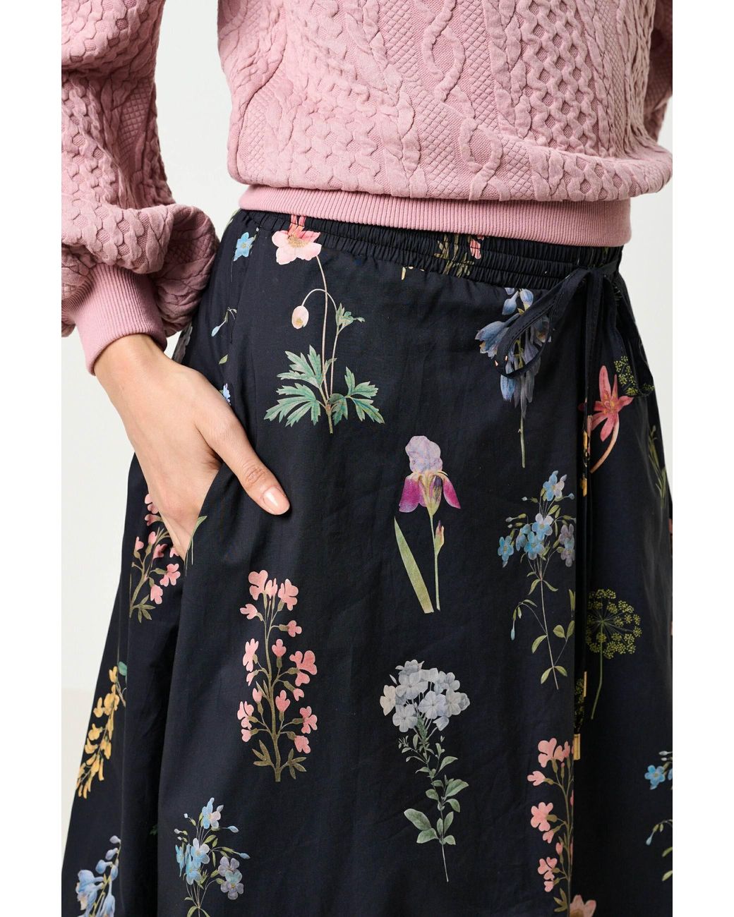 Louche Blue Dixie Flower Press Print Balloon Hem Midi Skirt