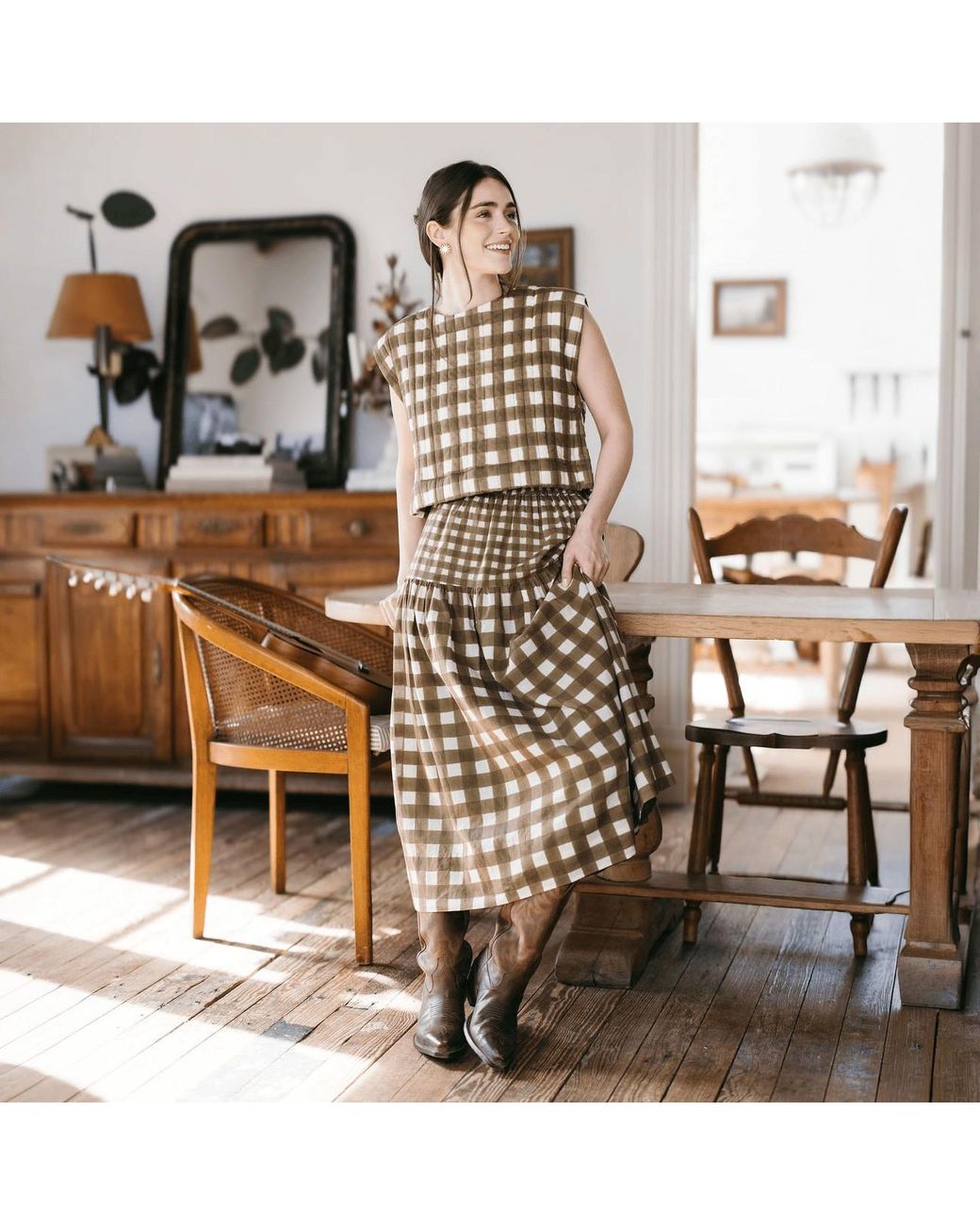 SUNSHINE TIENDA Natural Painted Gingham Colette Skirt
