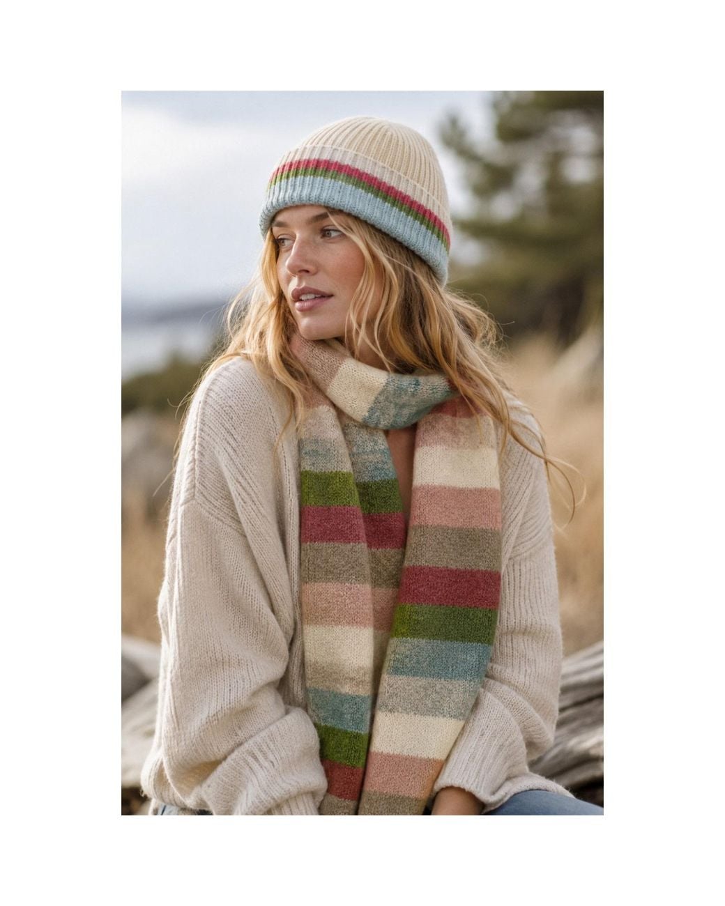 Saachi Striped Ribbed Knit Natural Beanie