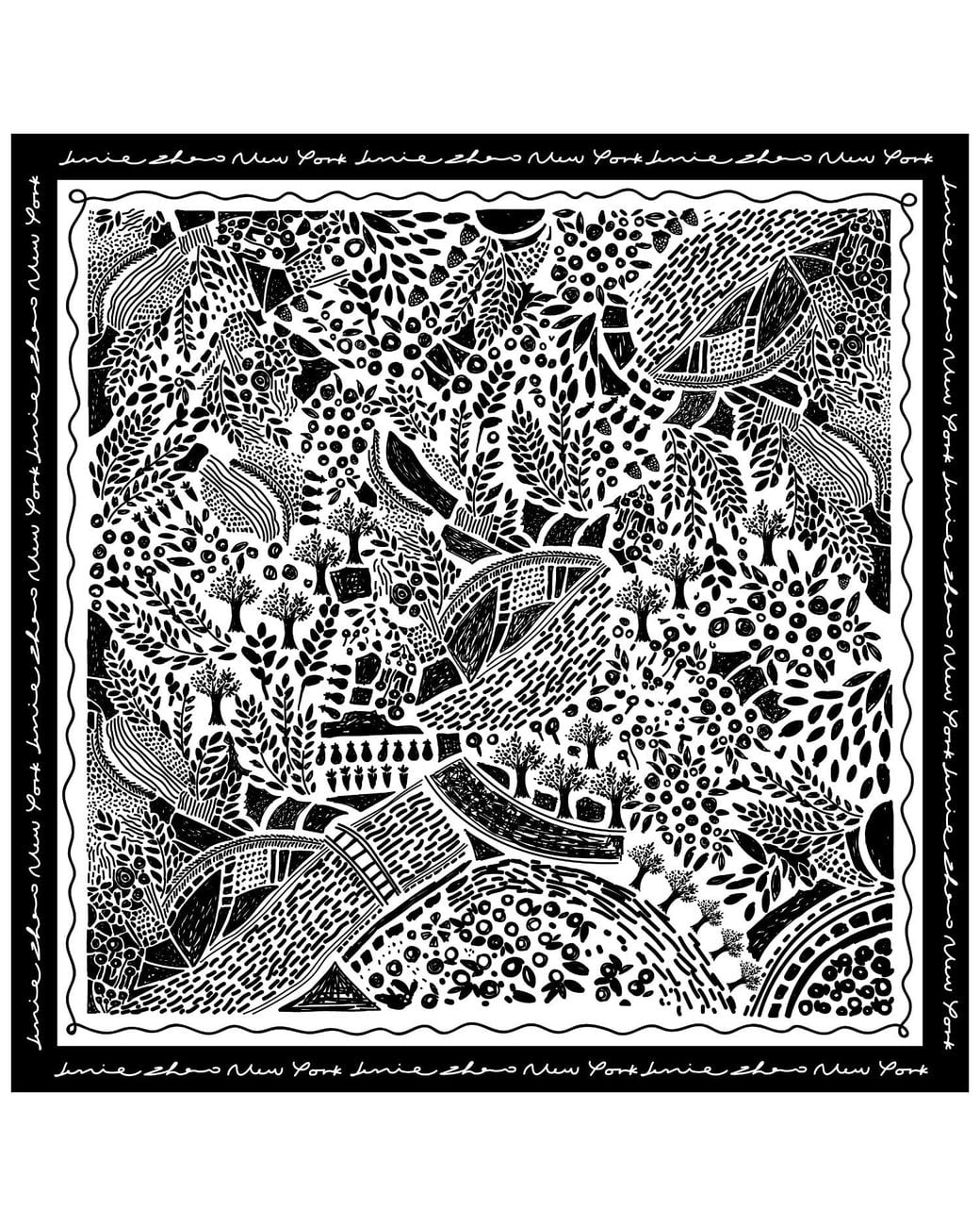 Jessie Zhao New York Black Double Sided Silk Scarf Of Garden