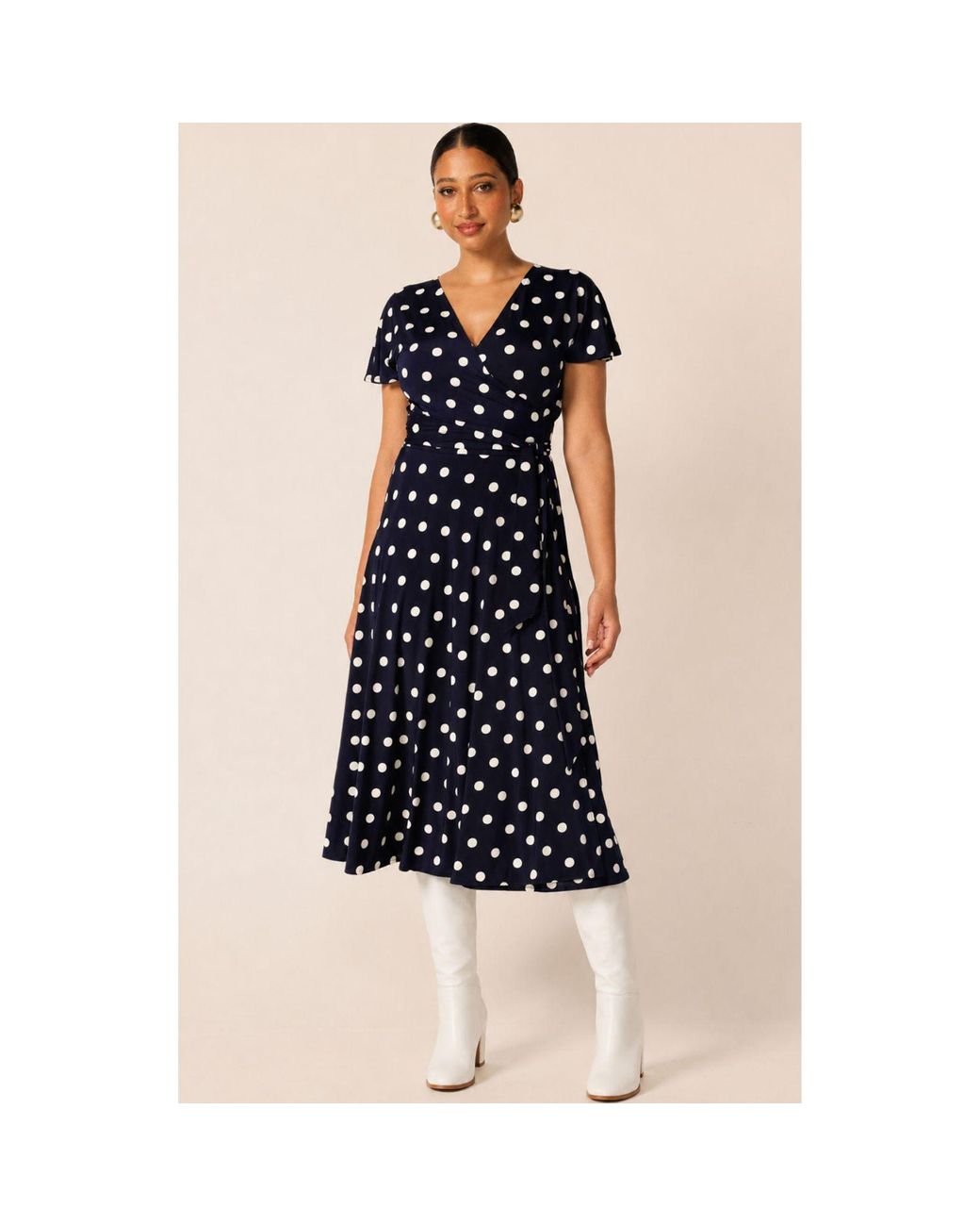 SACHA DRAKE Blue Reverse Polka Dot Wrap Midi Dress