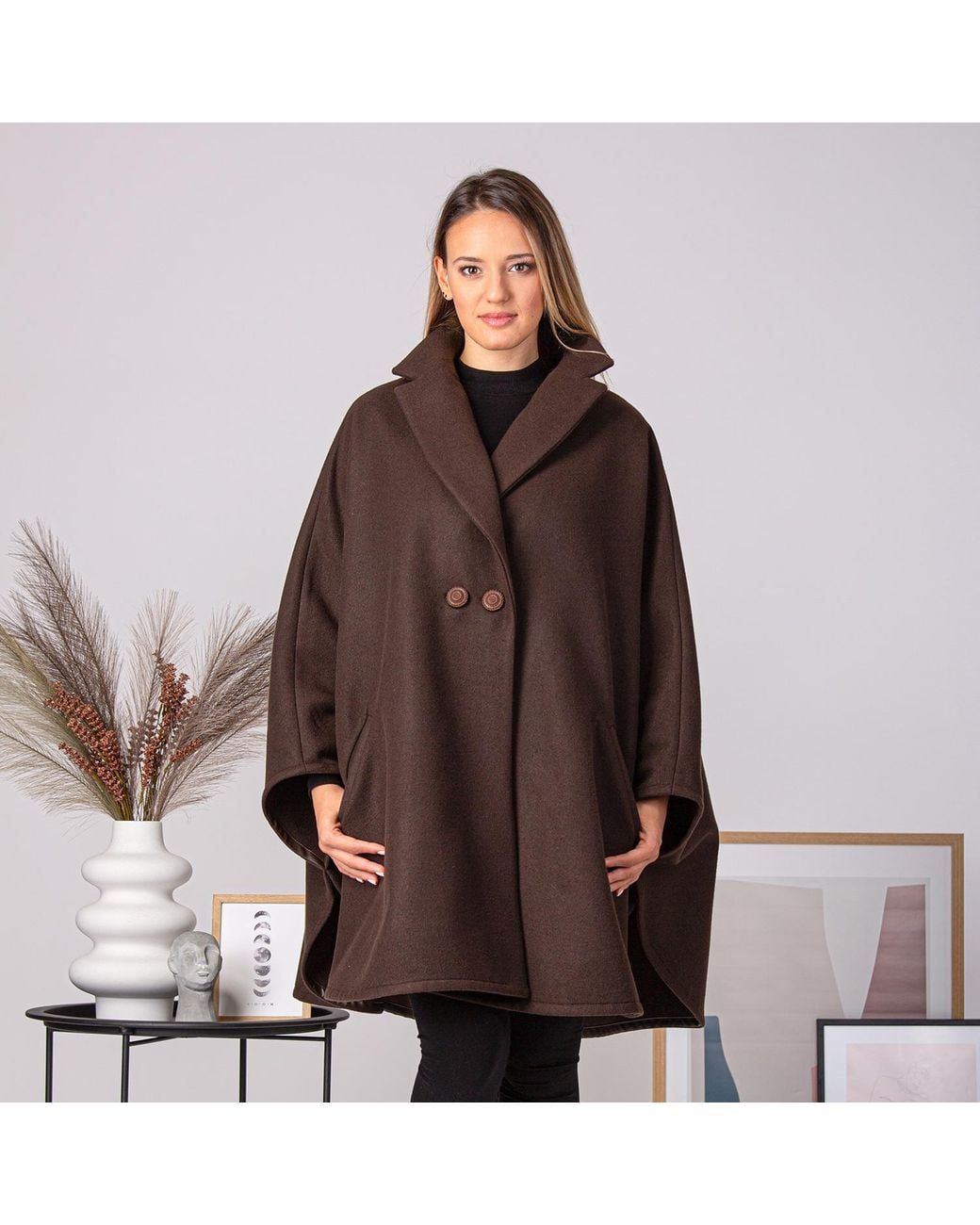 Nikka Place Brown Oversize Wool Cloak Coat With Pockets